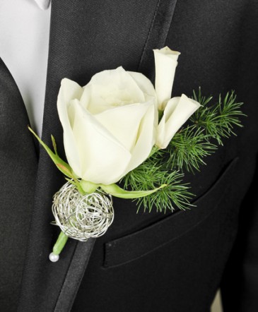 Single White Rose and Petals Boutonniere