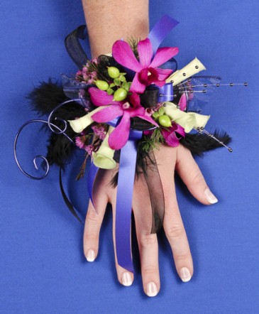 Purple Orchids and White Rose Petal Wrist Corsage
